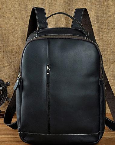 Genuine Leather Men's Cool Black Backpack for School, Travel, and Hiking