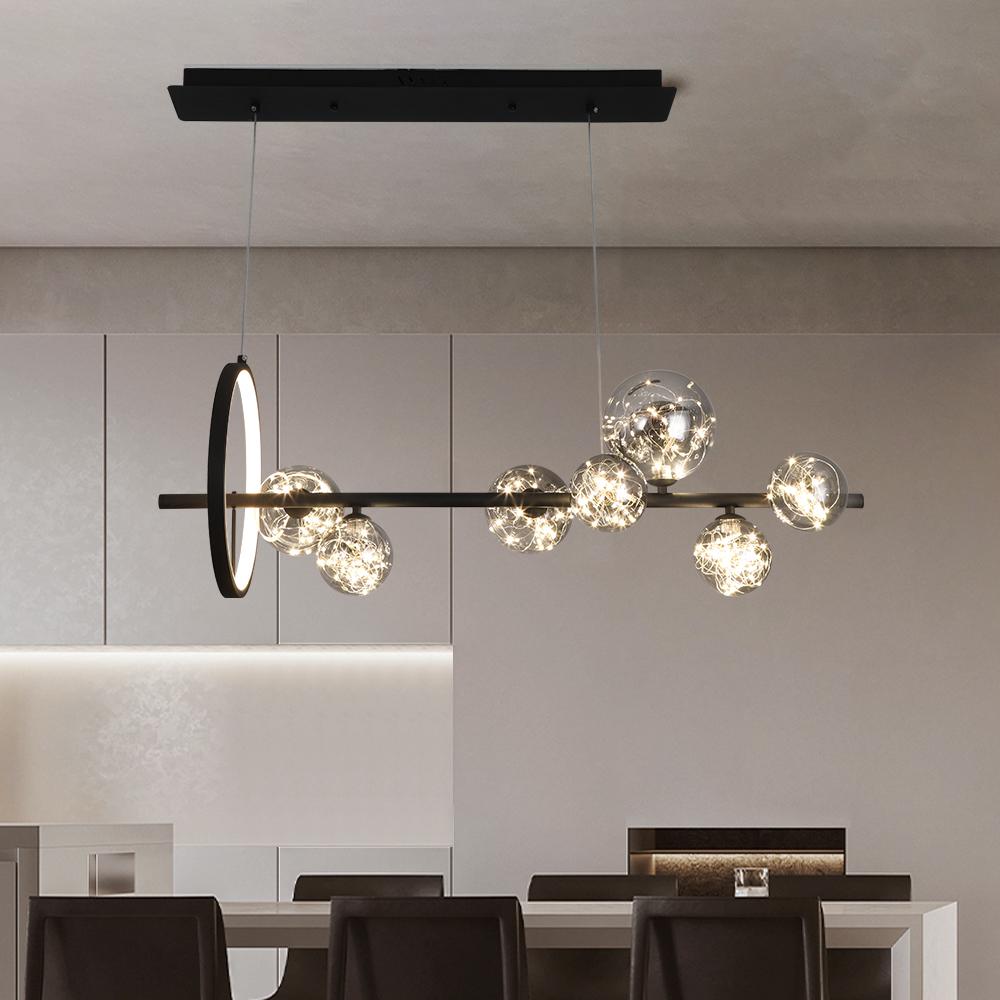 Modern 7-Light Black Kitchen Island Pendant with Glass Globe Shades