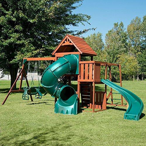 Skroutz Outdoor Swing Set for Kids - Wood Twist Complete Playcenter with Swings, Slides, and Glider