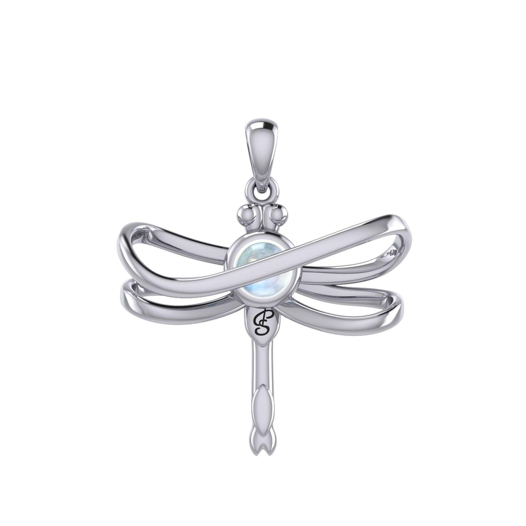 Ethereal Dragonfly Sterling Silver Pendant with Spiritual Gemstone by Peter Stone Jewelry