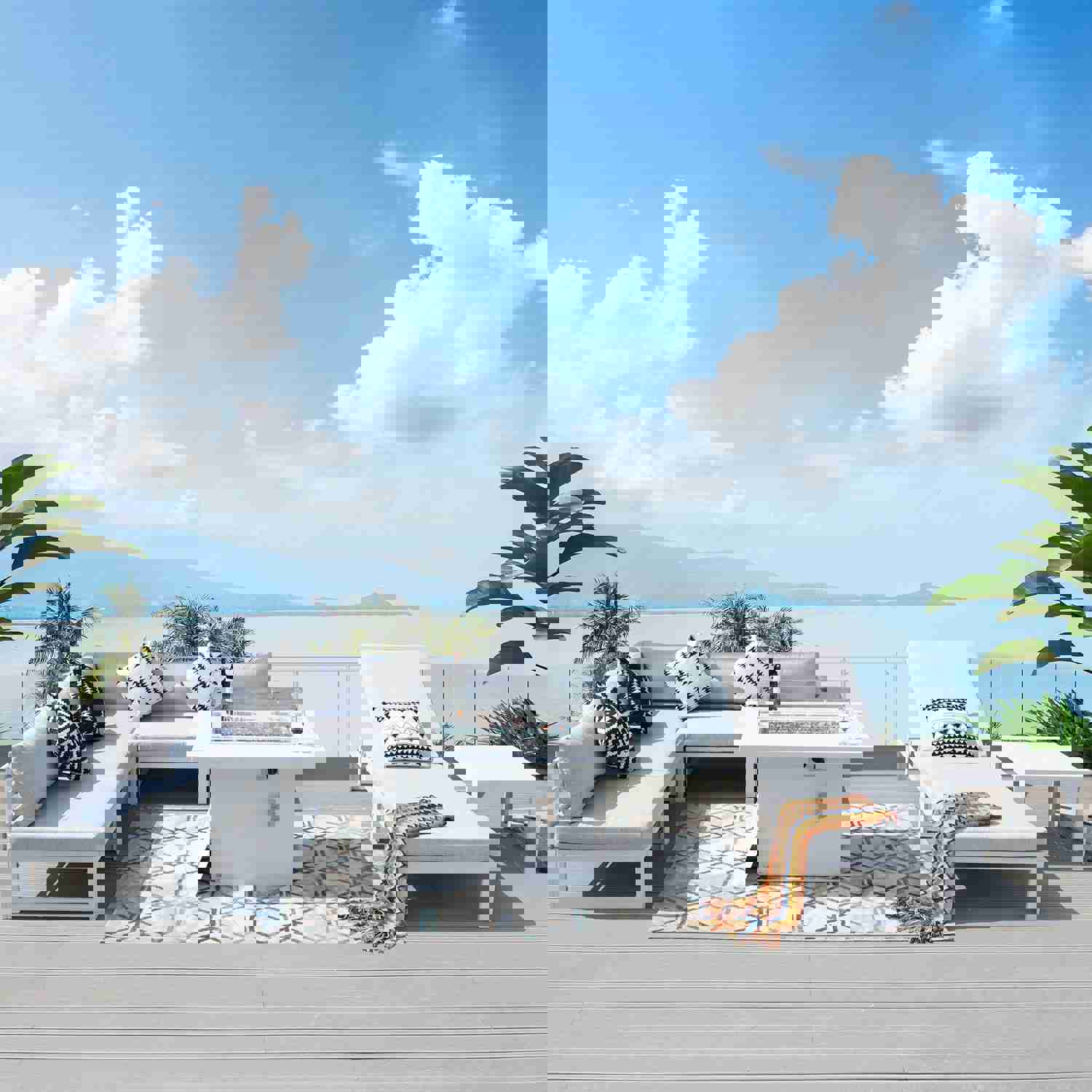 La Jolla White Outdoor Aluminum Sectional Sofa with Fire Pit - 6 Seat