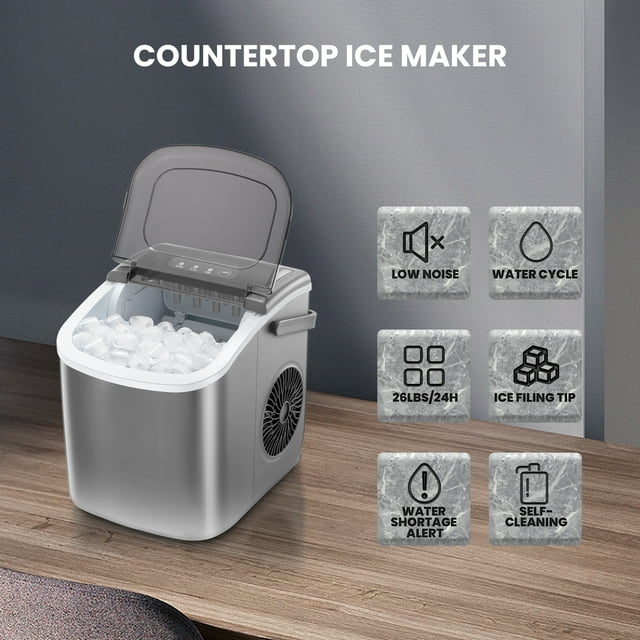 KISSAIR Portable Ice Maker Countertop, 9Pcs/8Mins, 26lbs/24H, Self-Cleaning Ice Machine with Handle for Kitchen/Office/Bar/Party, Grey