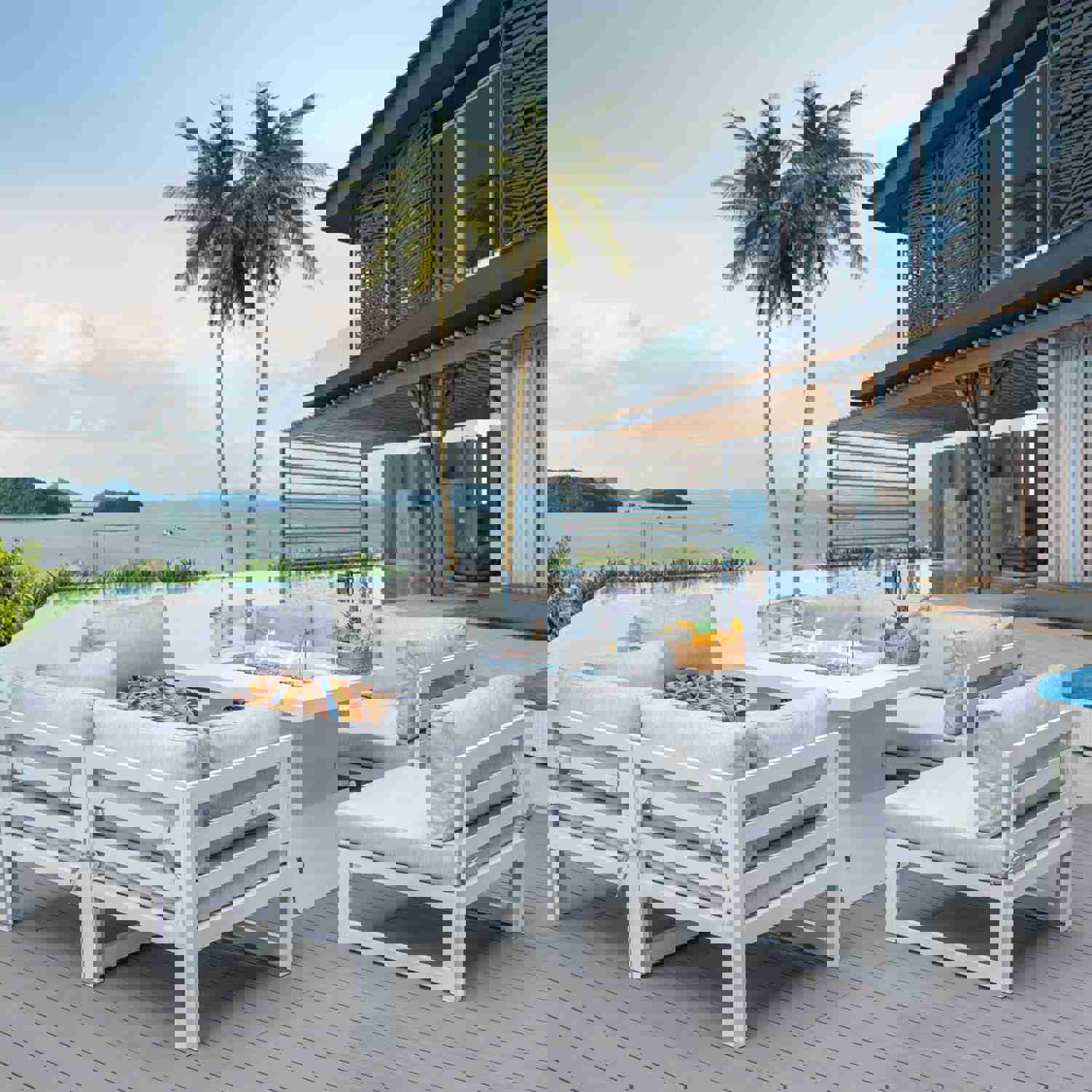 La Jolla White Outdoor Aluminum Sectional Sofa with Fire Pit - 6 Seat