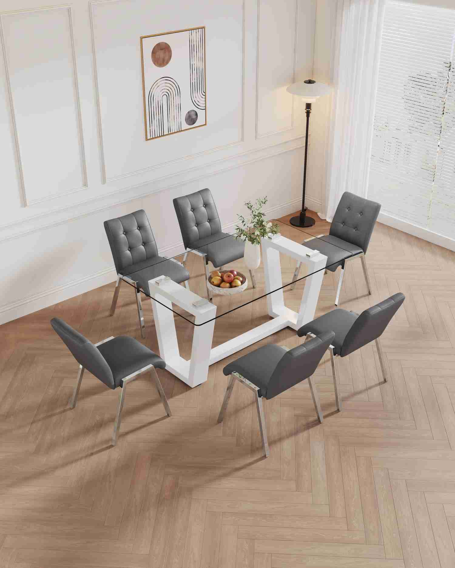 Modern Glass Dining Table Set with 4 Lattice High Back Chairs