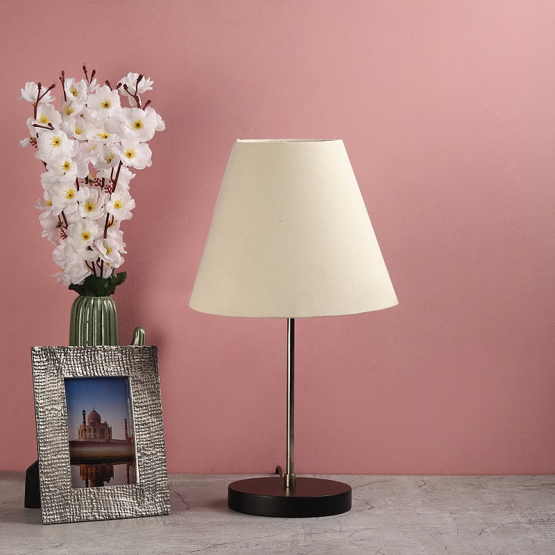 BTR CRAFTS Silver Rod With Black Wooden Base Table Lamp (Conical Lampshade)