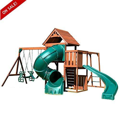 Skroutz Outdoor Swing Set for Kids - Wood Twist Complete Playcenter with Swings, Slides, and Glider