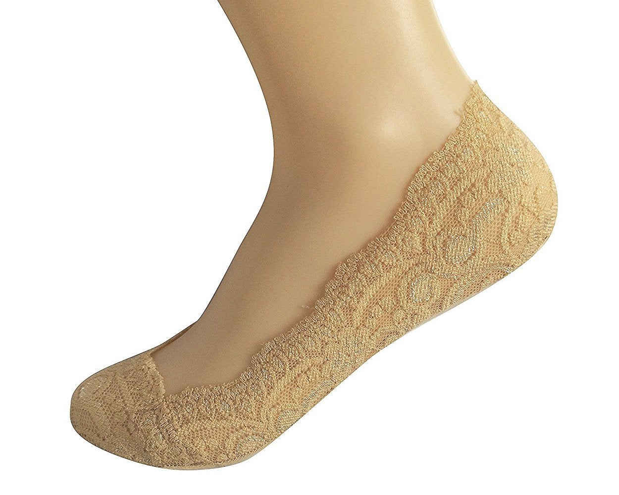4 Pairs Women's Lace Non-Skid No Show Socks Set - Black and Beige