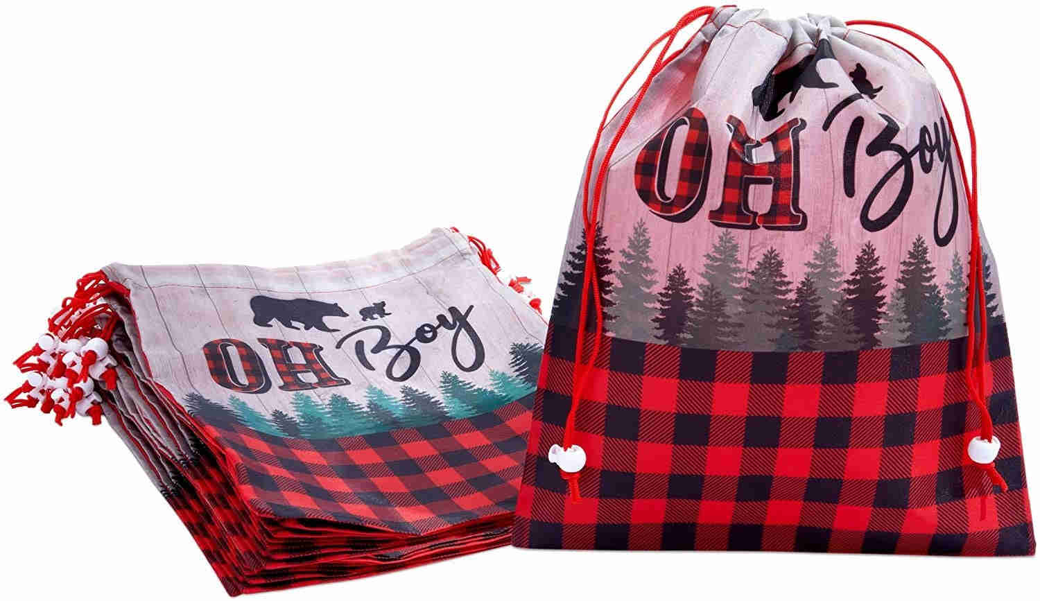 12 Pack Lumberjack Buffalo Plaid Drawstring Gift Bags for Boys Baby Shower & Kids Birthday Party Favors