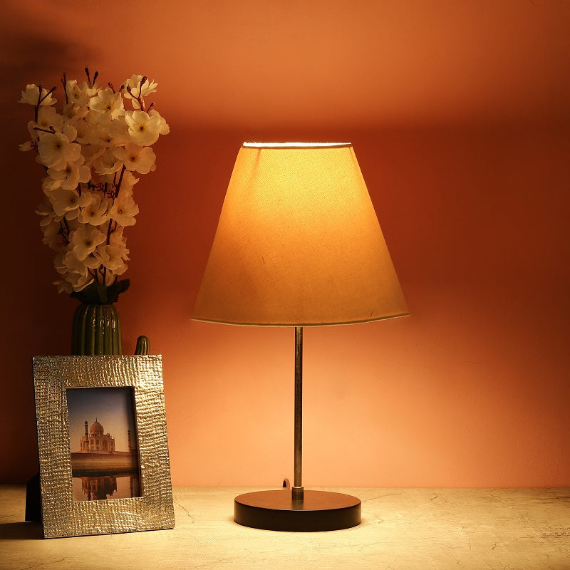 BTR CRAFTS Silver Rod With Black Wooden Base Table Lamp (Conical Lampshade)