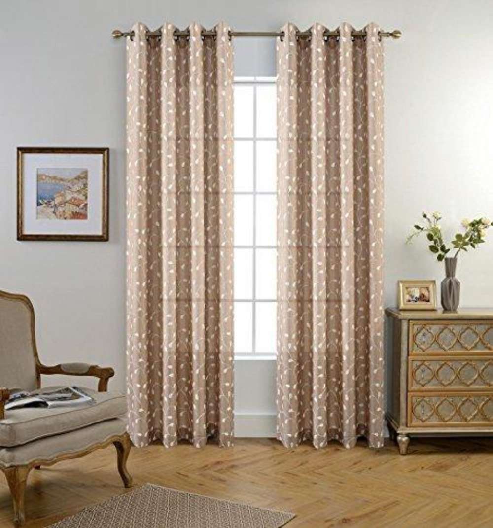 Floral Embroidery Semi Sheer Faux Linen Grommet Window Curtains - Taupe (52 x 95 Inch, 2 Panels)