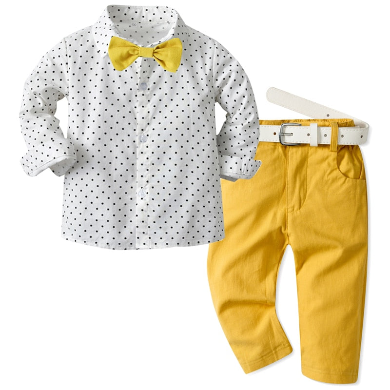 3-Piece Baby Boy Birthday Outfit Set - Long Sleeve Dot Bow Shirts with Pant and Belt