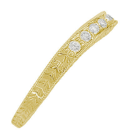 Art Deco Curved Engraved Wheat Diamond Wedding Band in 18K Yellow Gold