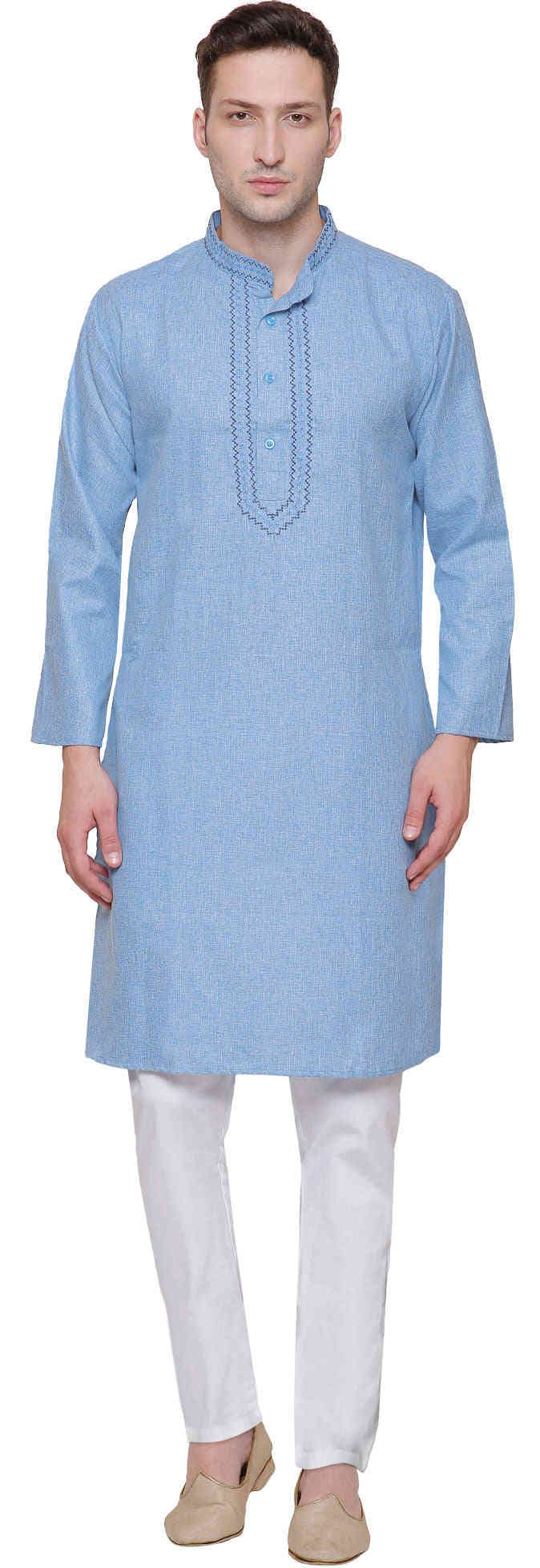 Cotton Embroidered Men's Kurta Pajama - Sky Blue Indian Traditional Wear