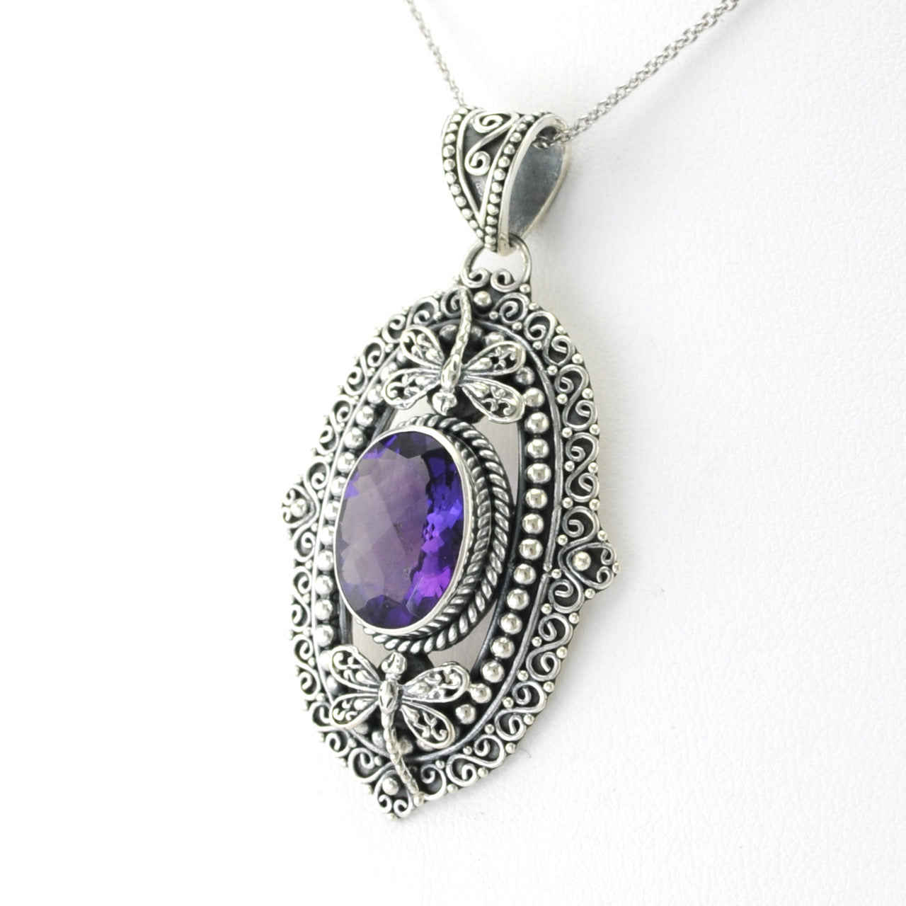 Sterling Silver Amethyst Oval Dragonfly Pendant