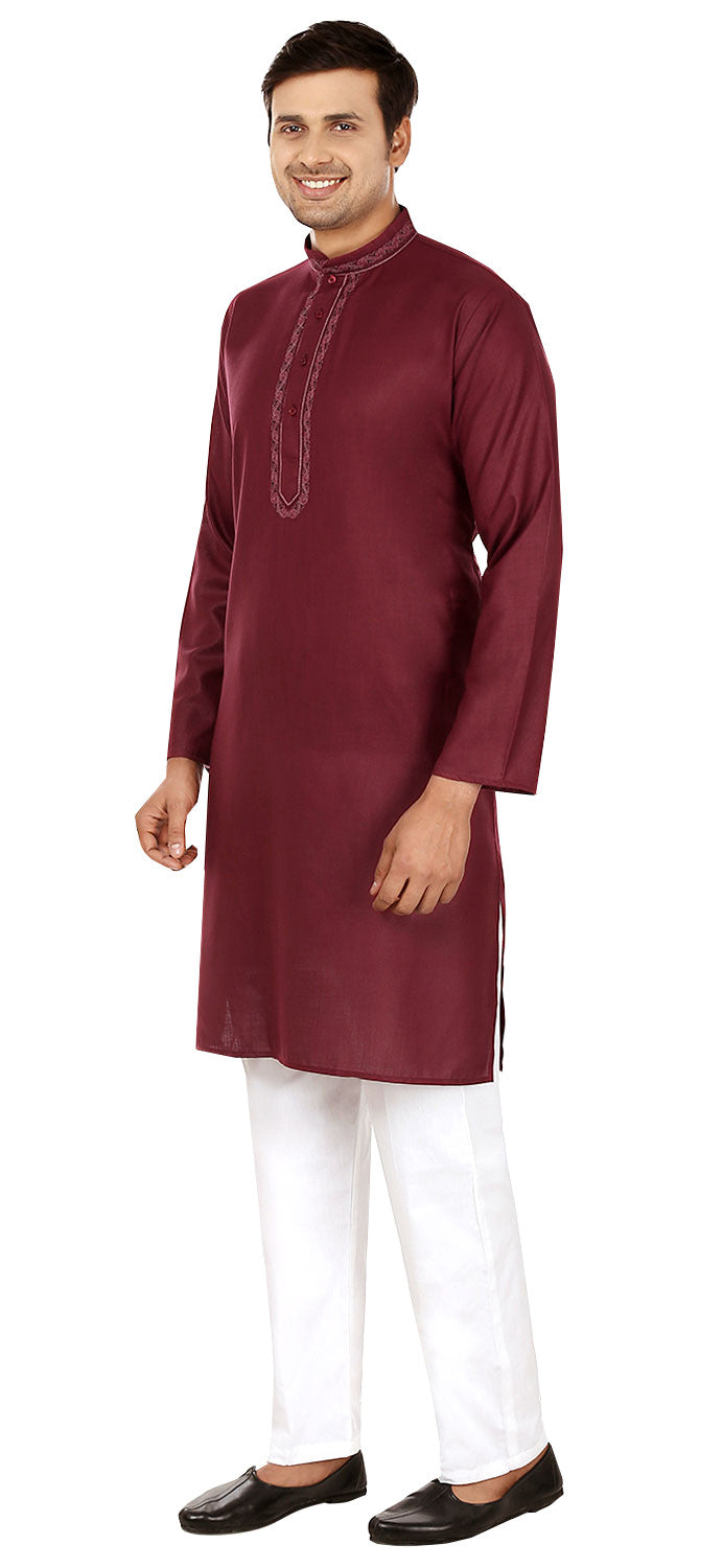 Men's Embroidered Silk Cotton Kurta Pajama - Traditional Indian Attire (Maroon)