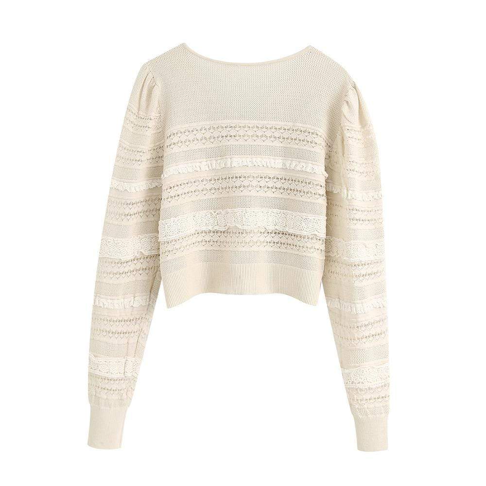 Fashion Lace Print Sweater - Acrylic V-Neck Full Sleeve