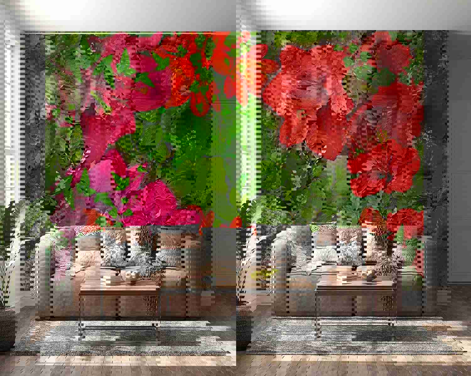Peel & Stick Floral Wall Mural - Bright Flowers And Leaves - Removable Wall Decals