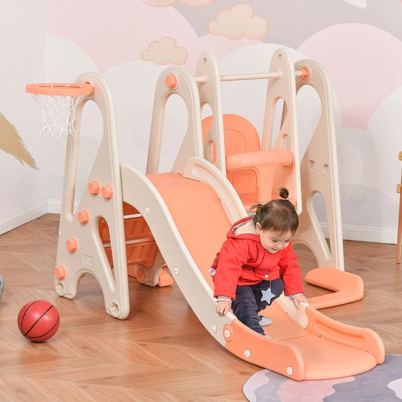 Qaba 3 in 1 Kids Swing and Slide Set with Basketball Hoop - Indoor/Outdoor Playground Activity Center (Pink)