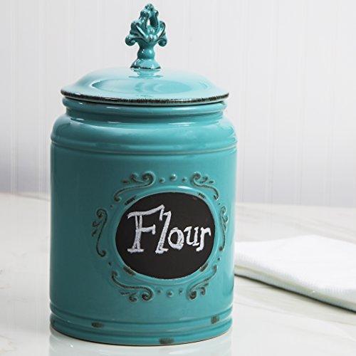 Ceramic Aqua Canister Kitchen Jar Set with Medallion Finial Lid