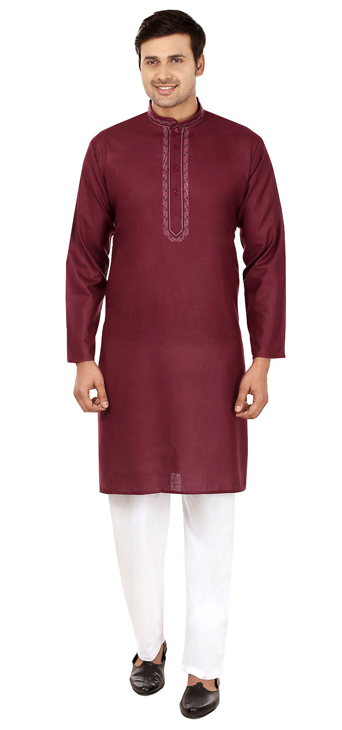 Men's Embroidered Silk Cotton Kurta Pajama - Traditional Indian Attire (Maroon)