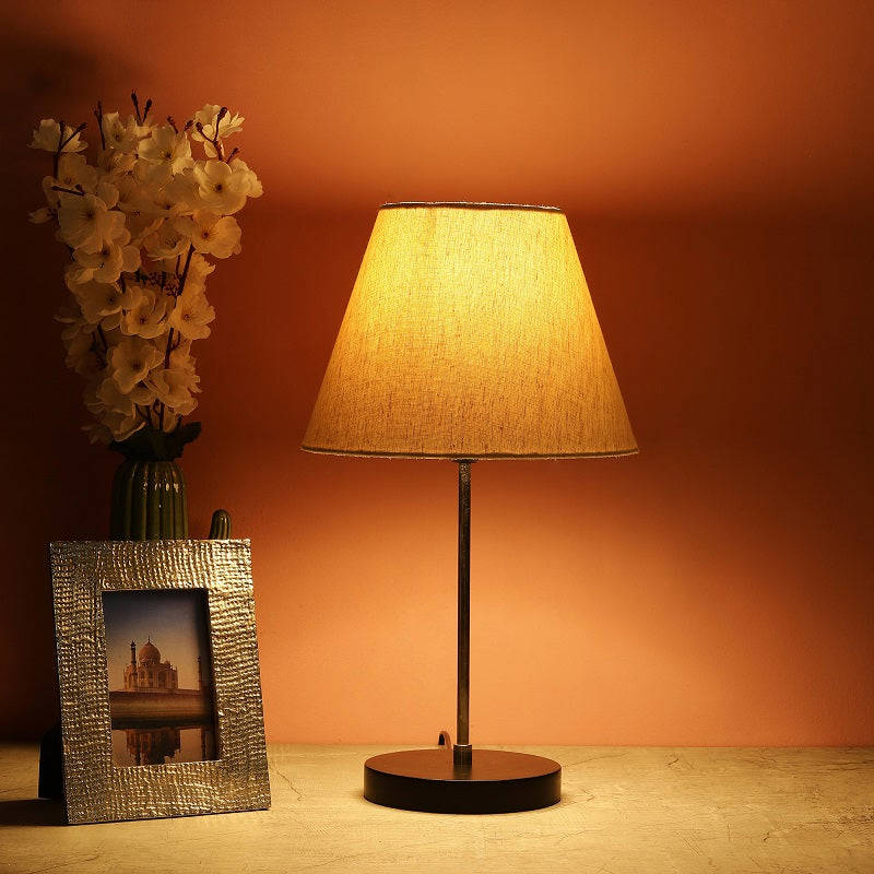 BTR CRAFTS Silver Rod With Black Wooden Base Table Lamp (Conical Lampshade)
