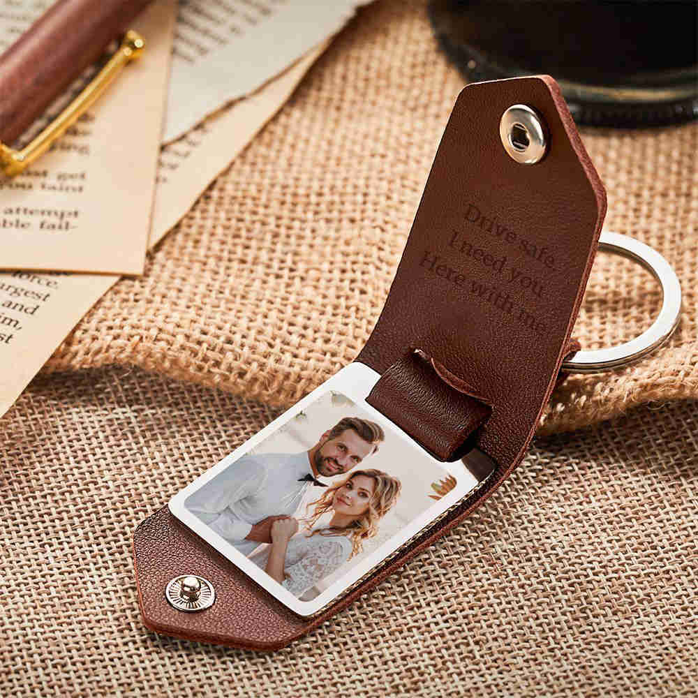 Custom Engraved Leather Photo Keychain - Personalized Anniversary & Gift Keychain