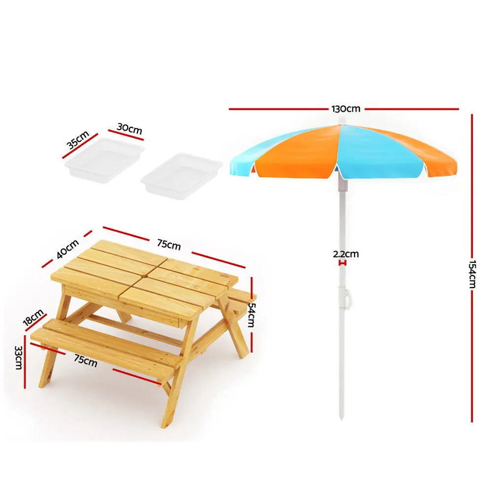 Keezi Kids Outdoor Table and Chairs Picnic Bench Set with Umbrella and Water Sand Pit Box