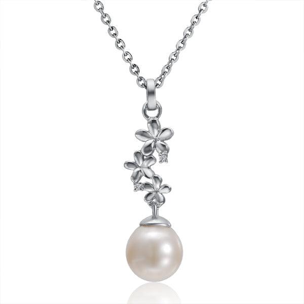 Pearl Plumeria Lei Pendant - 925 Sterling Silver with Pearl and Topaz