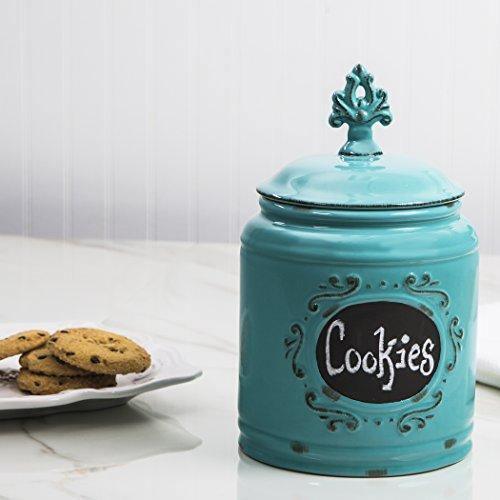 Ceramic Aqua Canister Kitchen Jar Set with Medallion Finial Lid
