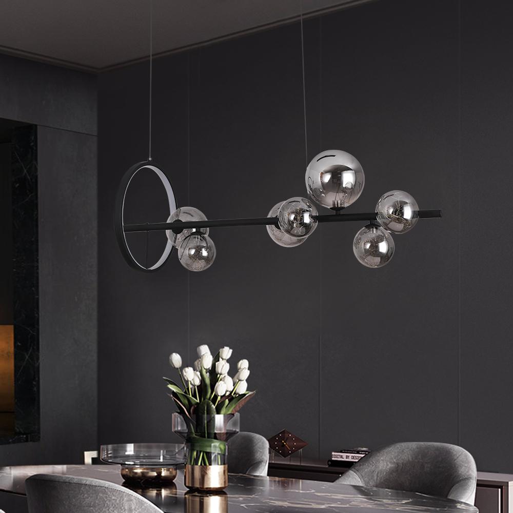 Modern 7-Light Black Kitchen Island Pendant with Glass Globe Shades