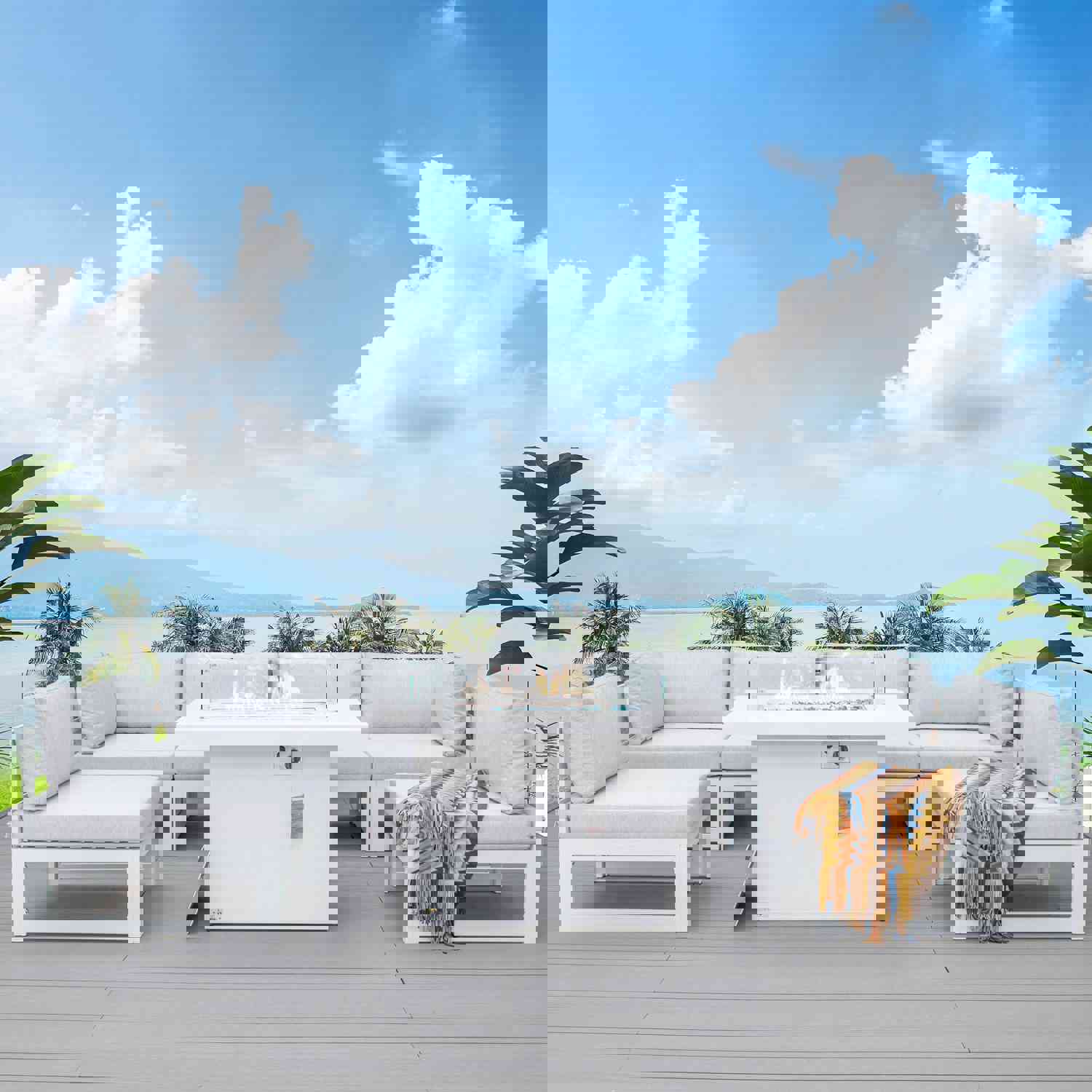 La Jolla White Outdoor Aluminum Sectional Sofa with Fire Pit - 6 Seat