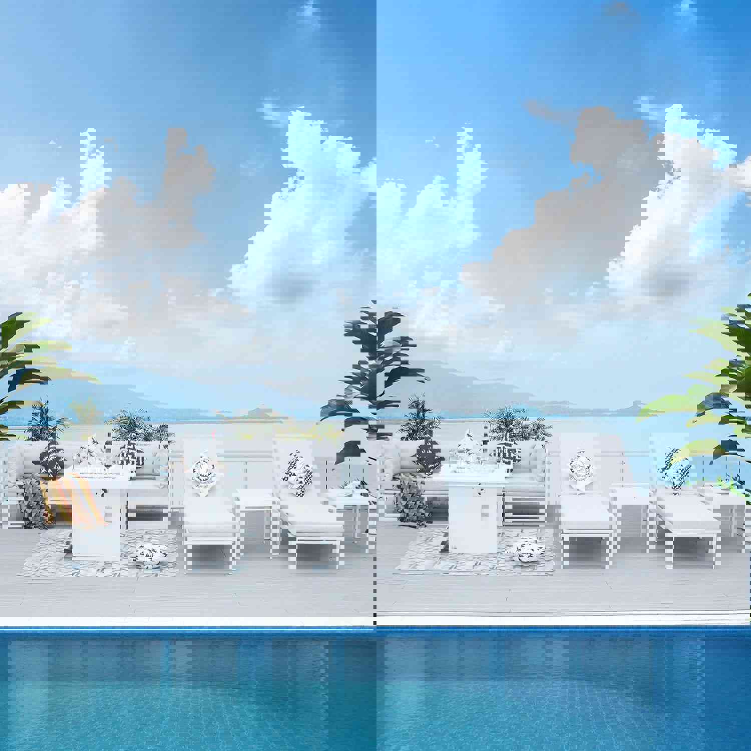 La Jolla White Outdoor Aluminum Sectional Sofa with Fire Pit - 6 Seat