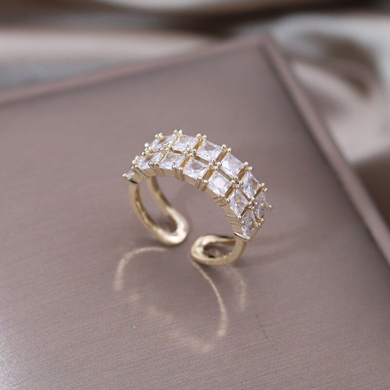 14K Gold Plated Double Layer Zircon Square Ring for Women