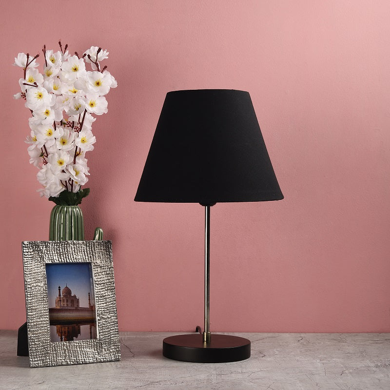 BTR CRAFTS Silver Rod With Black Wooden Base Table Lamp (Conical Lampshade)