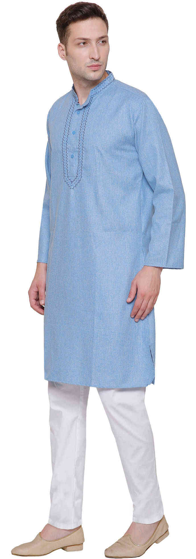 Cotton Embroidered Men's Kurta Pajama - Sky Blue Indian Traditional Wear