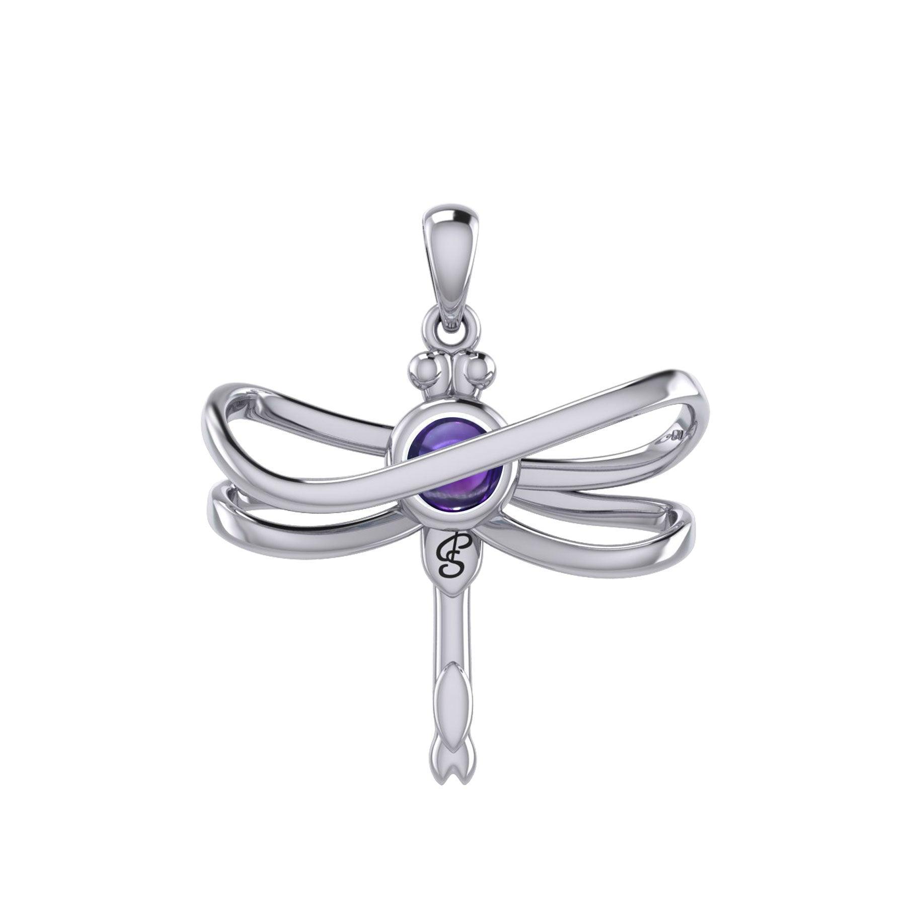 Ethereal Dragonfly Sterling Silver Pendant with Spiritual Gemstone by Peter Stone Jewelry