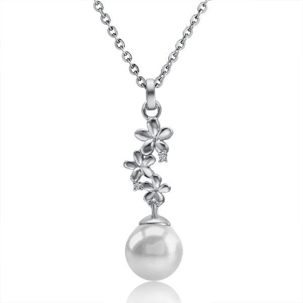 Pearl Plumeria Lei Pendant - 925 Sterling Silver with Pearl and Topaz