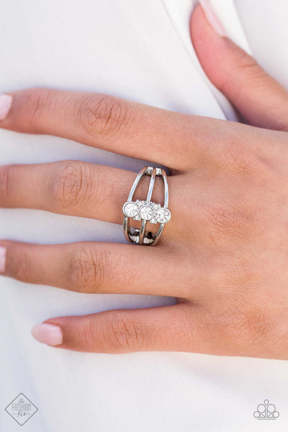 Paparazzi Triple Crown Winner - White Rhinestone Ring - Trend Blend Fashion Fix Exclusive June 2019