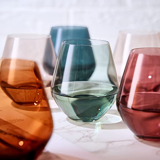 Colored Stemless Crystal Wine Glass Set of 6 - Italian Style, 16 oz, Pastel