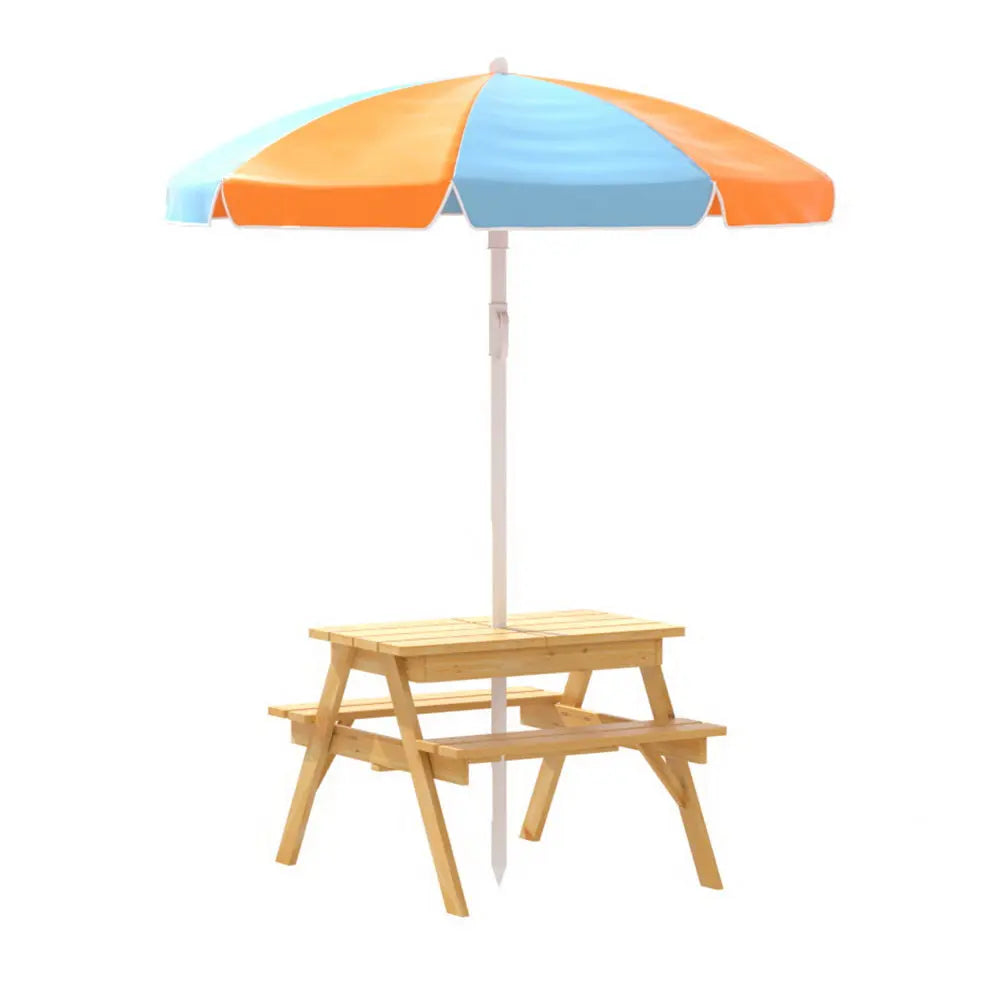 Keezi Kids Outdoor Table and Chairs Picnic Bench Set with Umbrella and Water Sand Pit Box