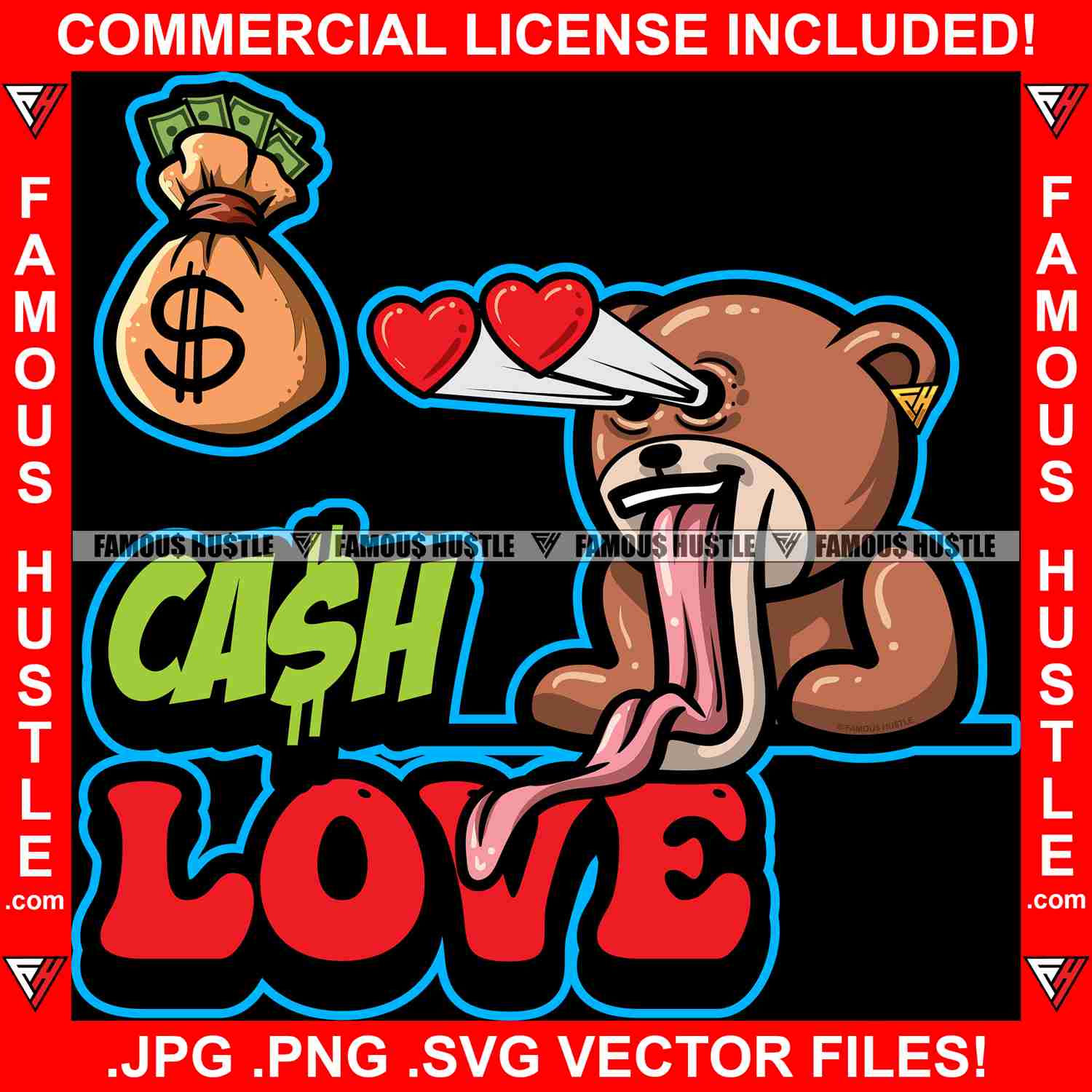 Cash Love Gangster Teddy Bear Graphic Design T-Shirt Print