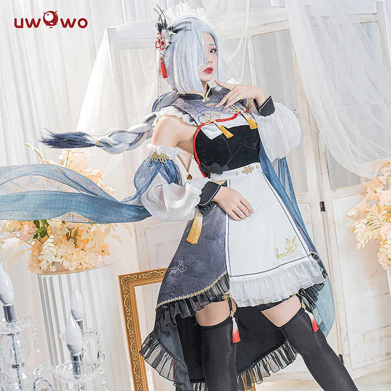 UWOWO Shenhe Cosplay Costume - Genshin Impact Maid Dress for Halloween & RolePlay