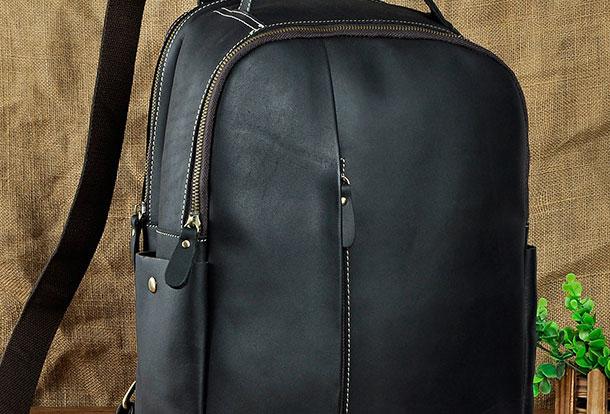 Genuine Leather Men's Cool Black Backpack for School, Travel, and Hiking
