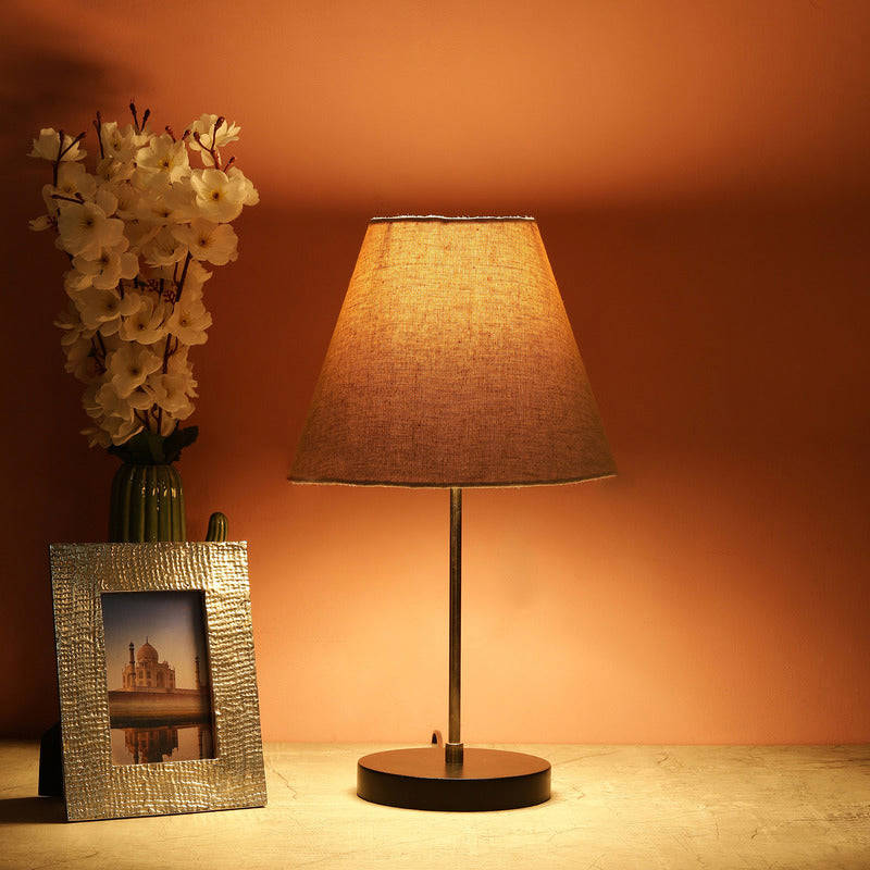 BTR CRAFTS Silver Rod With Black Wooden Base Table Lamp (Conical Lampshade)