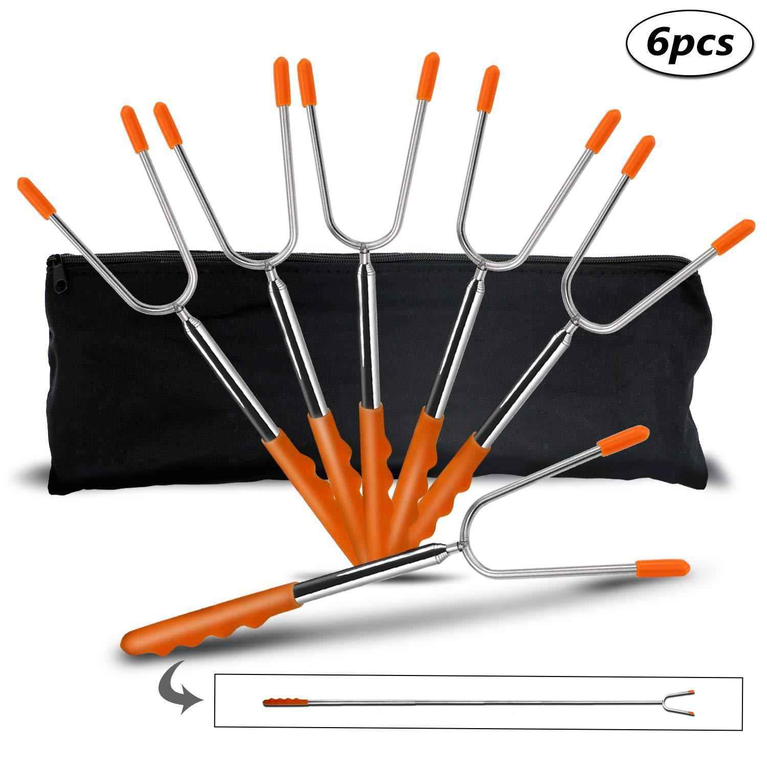 GikPal Marshmallow Roasting Sticks, 6 Pack Extendable Stainless Steel BBQ Skewers for Camping & Bonfire