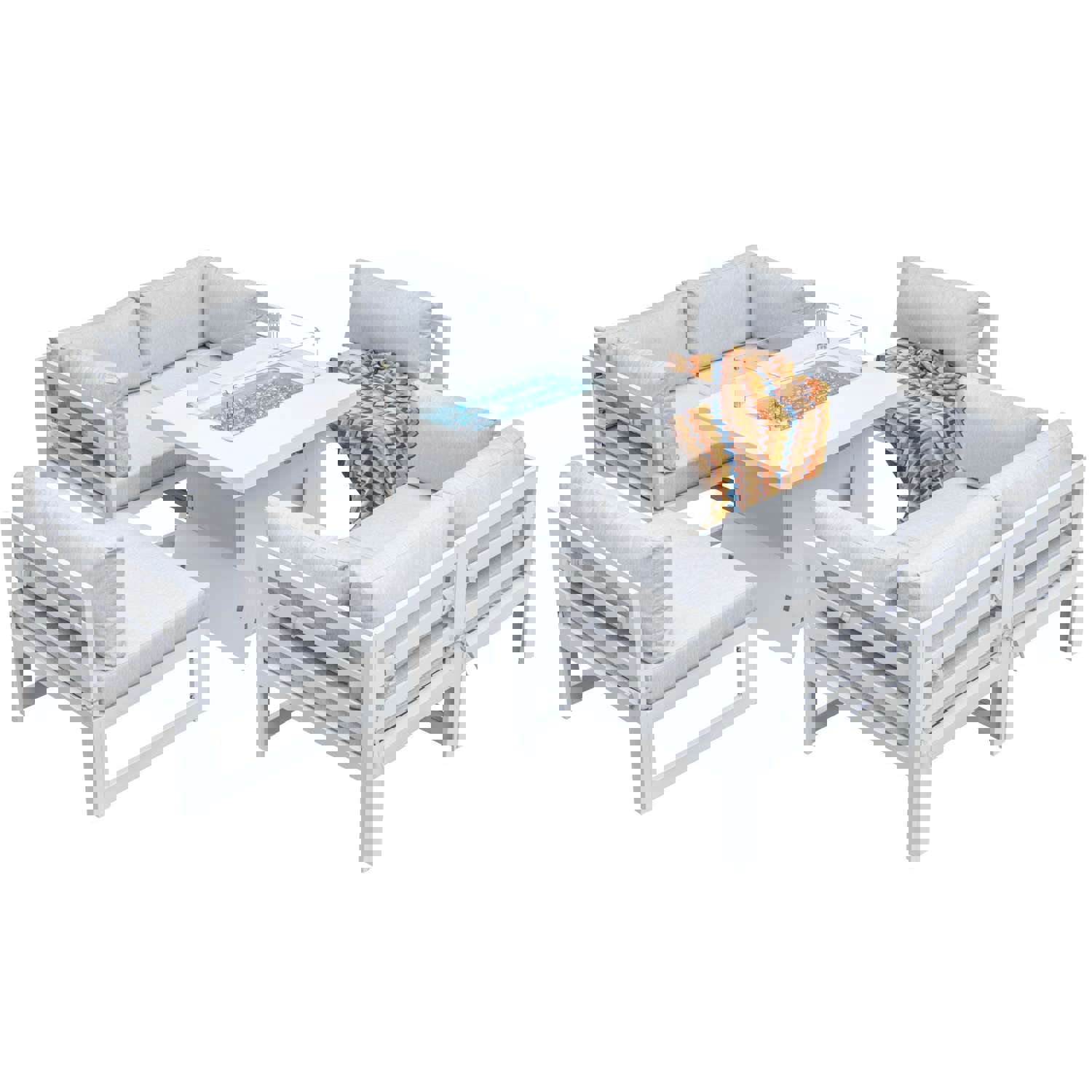 La Jolla White Outdoor Aluminum Sectional Sofa with Fire Pit - 6 Seat