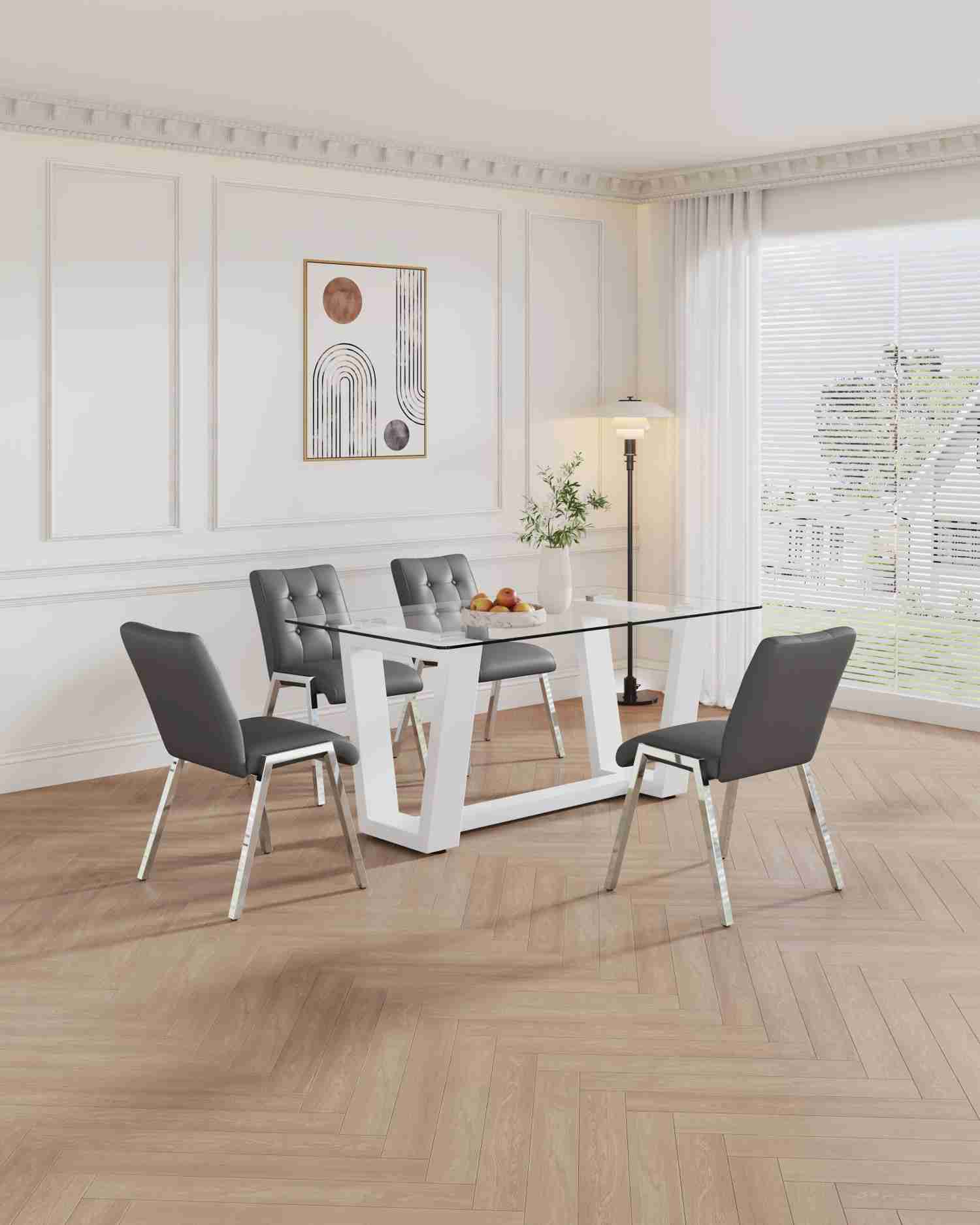 Modern Glass Dining Table Set with 4 Lattice High Back Chairs