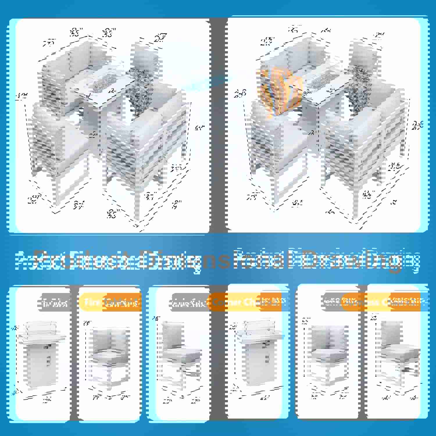 La Jolla White Outdoor Aluminum Sectional Sofa with Fire Pit - 6 Seat