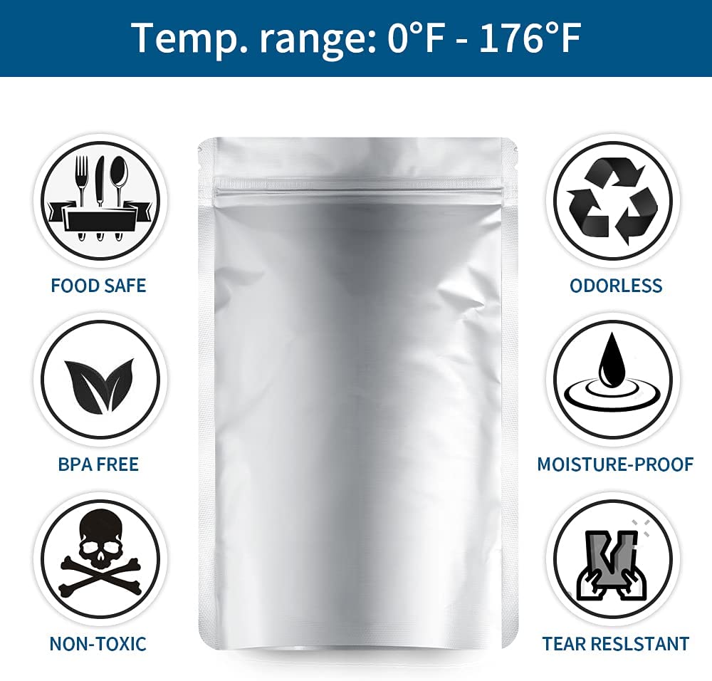 Medlladle 60 Pack 1 QUART Mylar Bags for Long Term Food Storage - Extra Thick 9.4 Mil Standable Resealable Ziplock Bags