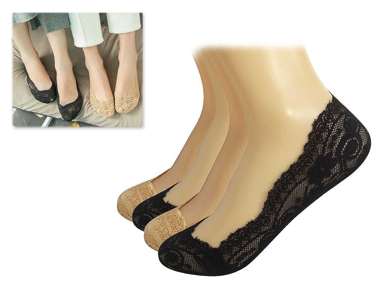 4 Pairs Women's Lace Non-Skid No Show Socks Set - Black and Beige
